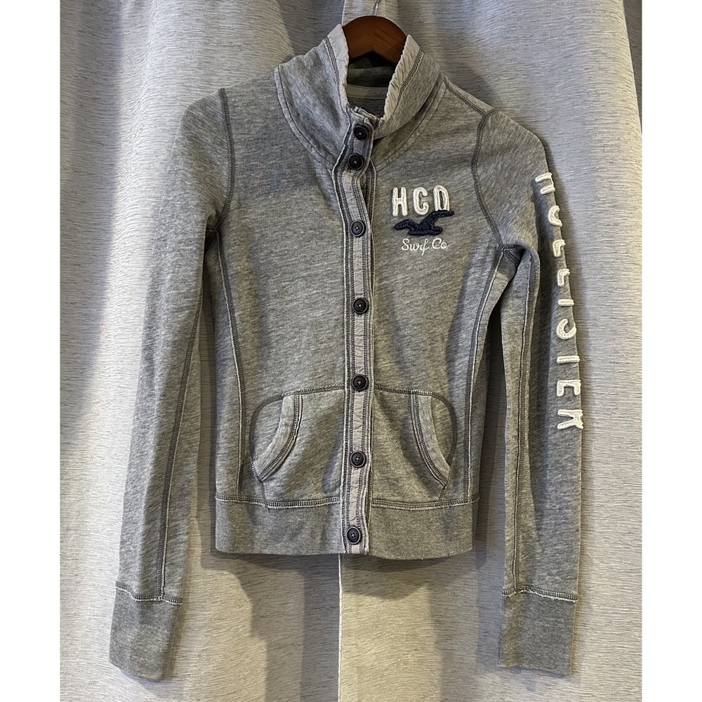 Hollister Men's Logo Patch Fleece Full Zip Jacket Size S Gray Retro Soft Heavy